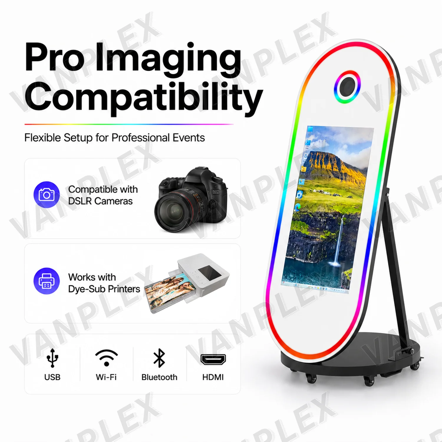 Professional 60'' Oval Magic Mirror Instant Print Photo Booth With 32'' Touch Screen Camera & DSLR Printer For Wedding Rental