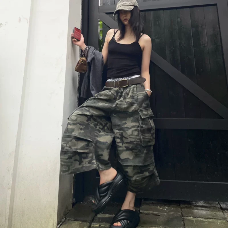 American Camouflage Women Baggy Cargo Shorts Pockets High Street Handsome Fashion Summer Popular Vintage Hip Hop Casual Shopper