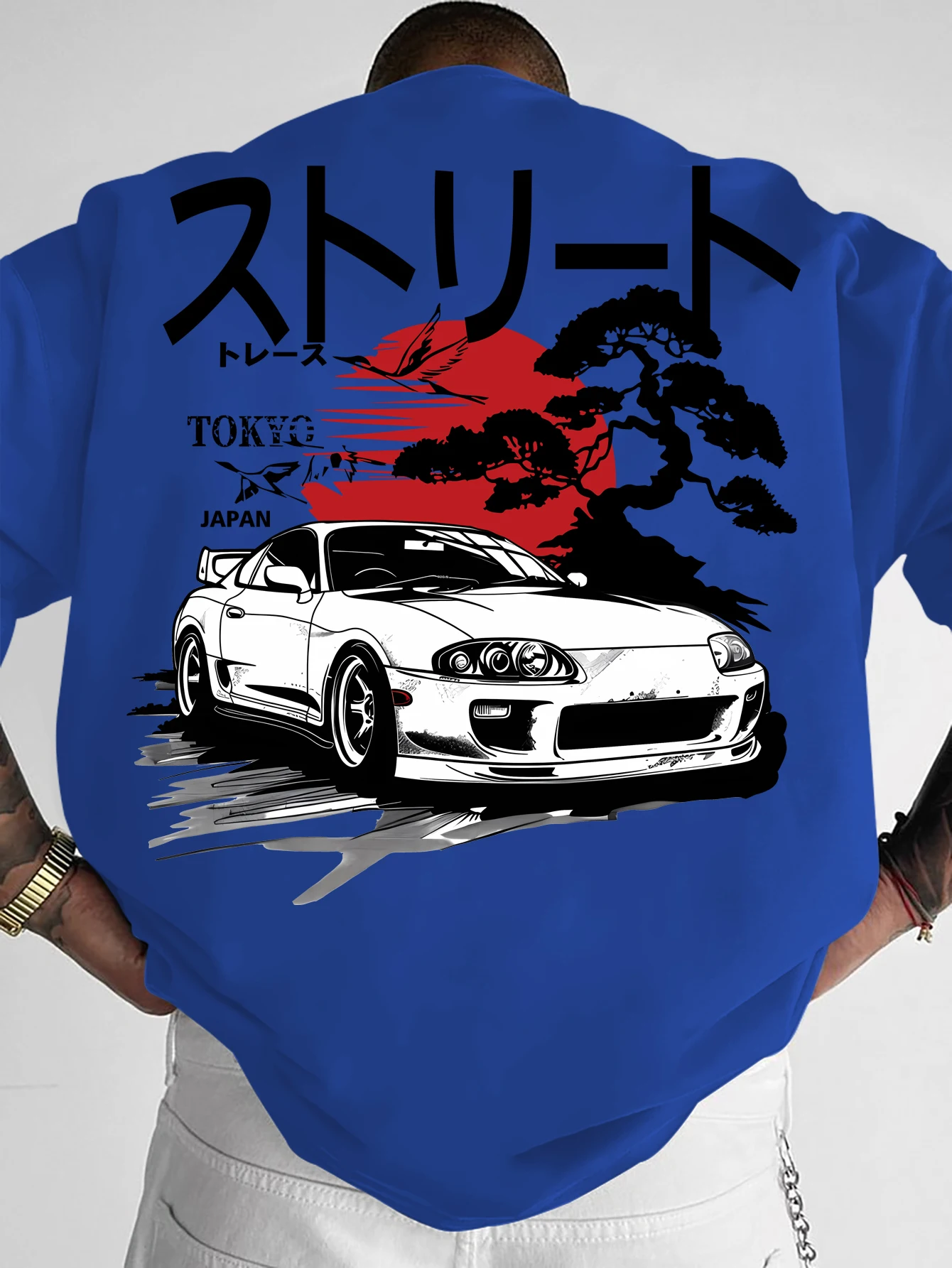 Übergroßes Vintage-Japanisches T-Shirt für Männer, Streetwear, Retro-Rennwagen-Landschaftsdruck auf der Rückseite, Grafik-T-Shirt mit Rundhalsausschnitt und kurzen Ärmeln – Detail 6