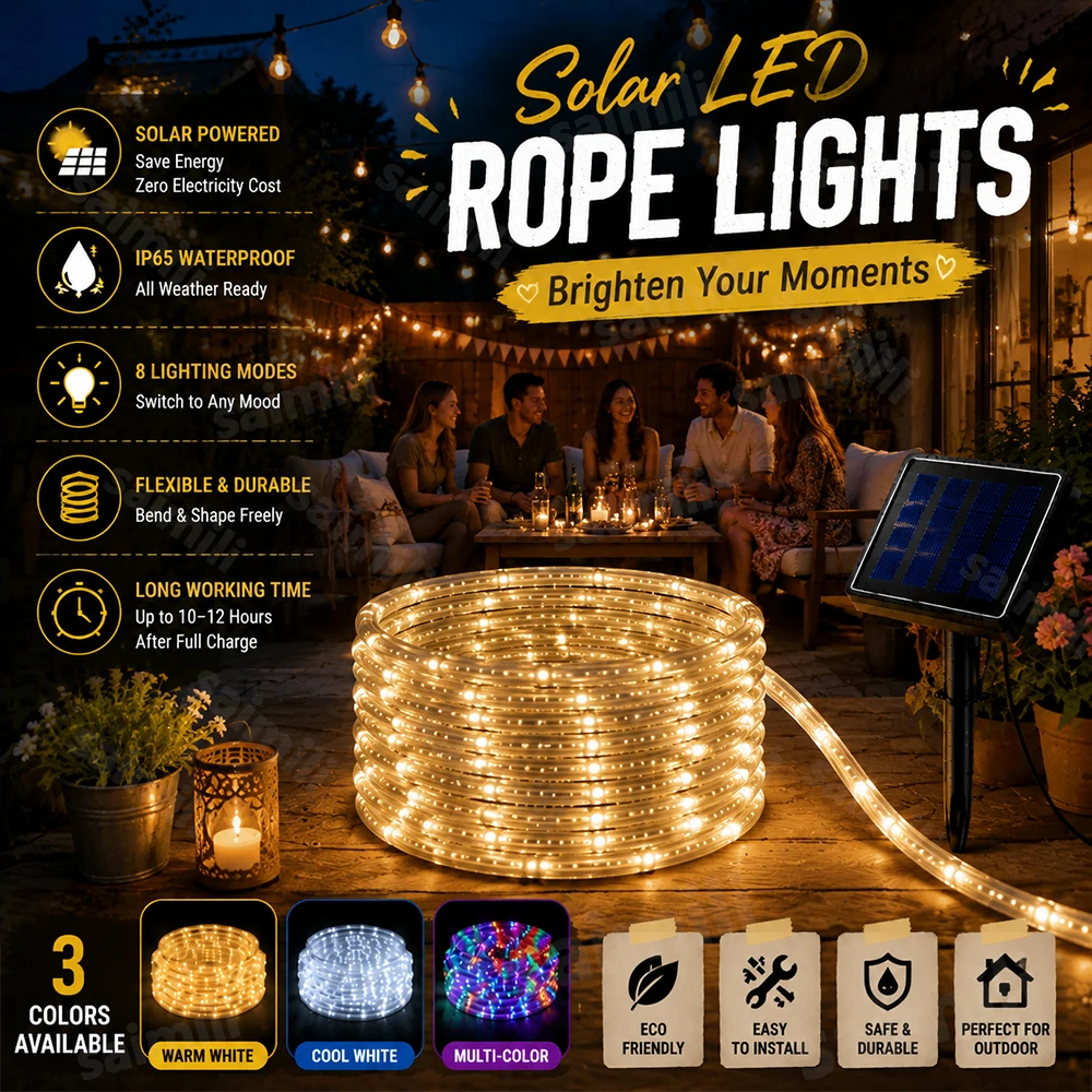 Easy Install Solar Fairy Rope Tube Lights 8 Modes Waterproof Outdoor LED Lamp for Patio Lawn Fence Christmas Holiday Decor