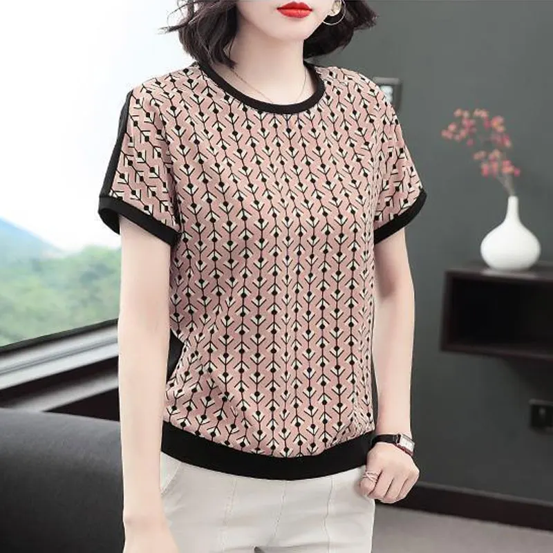 Women's Clothing Korean Printed Patchwork T-shirt Stylish Short Sleeve Round Neck Summer Commute Short Sleeve Loose Pullovers