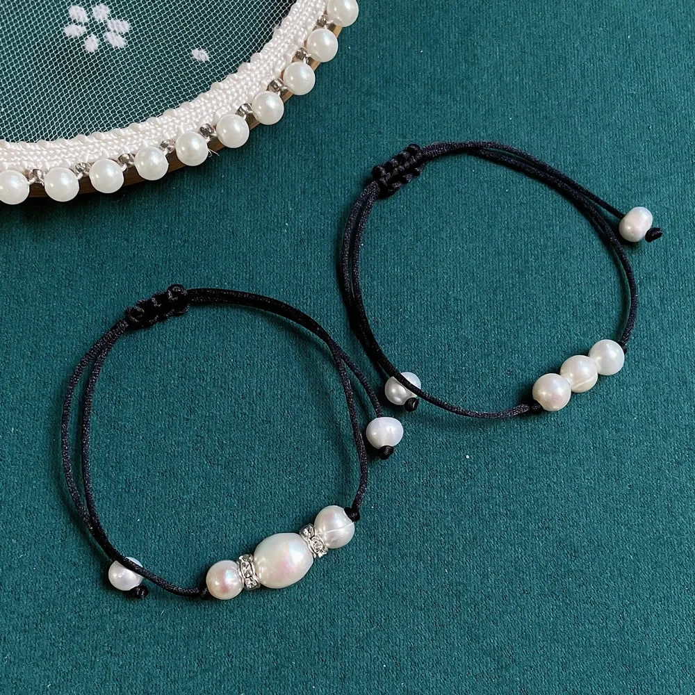 Simple Fashion Real Natural Freshwater Pearl Bracelets for Women Black Rope Chain Baroque Pearl Charm Friendship Bracelet Boho