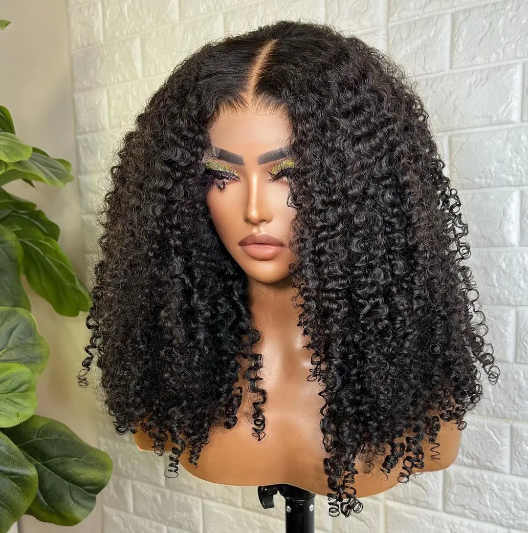 Afro Kinky Curly perucas sintéticas do cabelo para mulheres, preto natural, glueless Jerry Curly, longo, transparente Lace Front perucas, 4B, 4C, 13x4