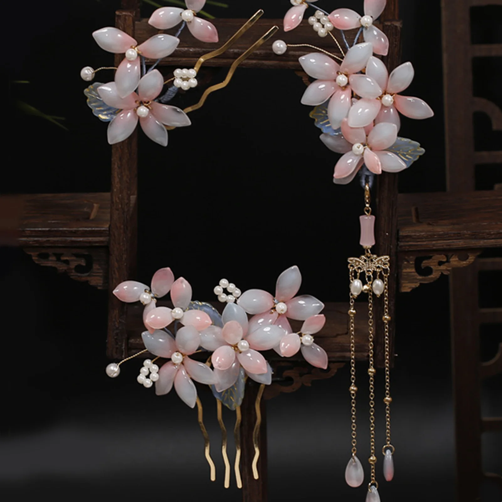 أحمر الخدود الوردي زهرة غطاء الرأس جديد النمط الصيني الأزهار دبابيس الشعر U على شكل الشعر العصي الشوك اللؤلؤ ديكور Hanfu فستان الشعر مجوهرات #2