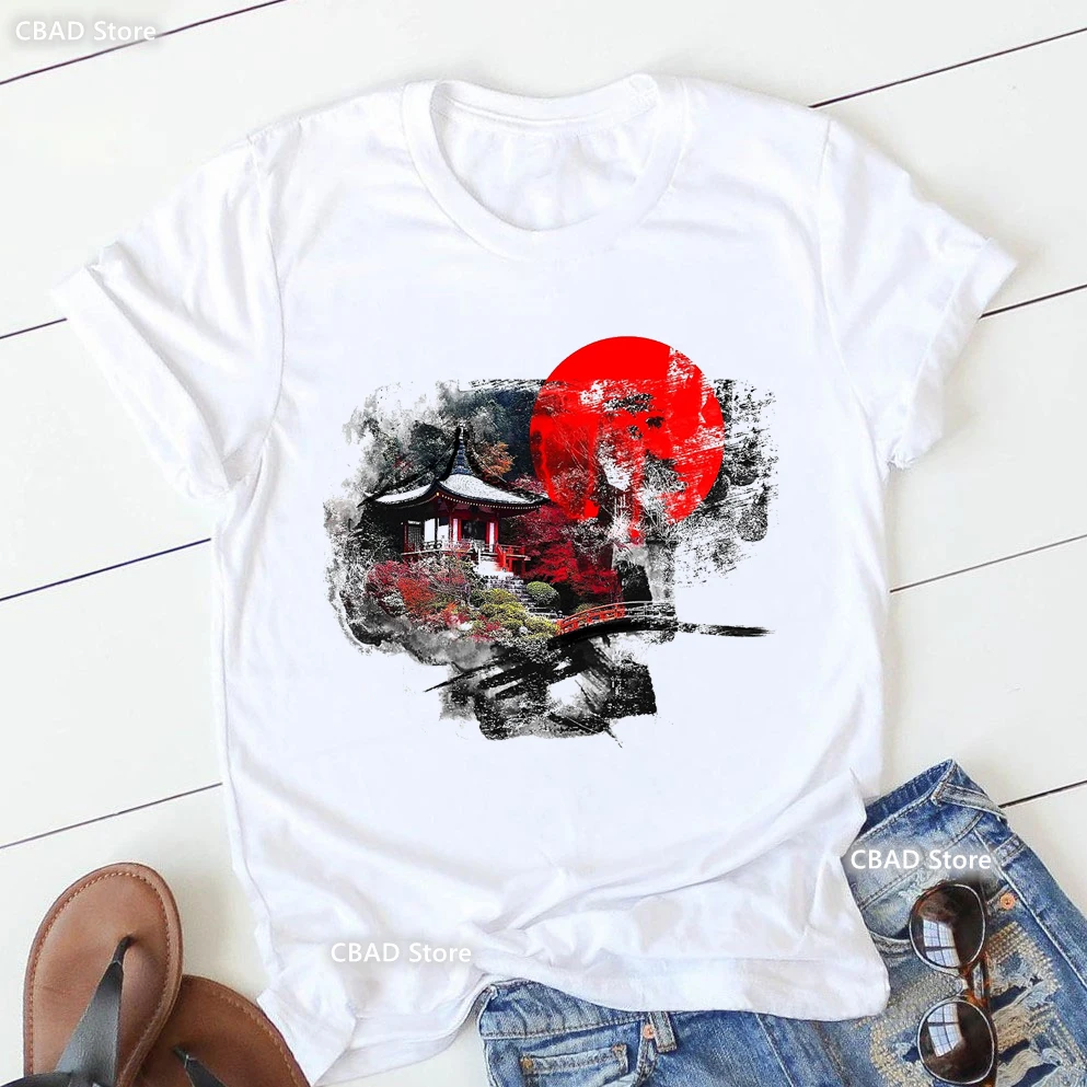 Red Crane Japanese Retro Vintage Art Print T Shirt Women Japanese Samurai Tshirt Femme Summer Fashion T-Shirt Female Streetwear