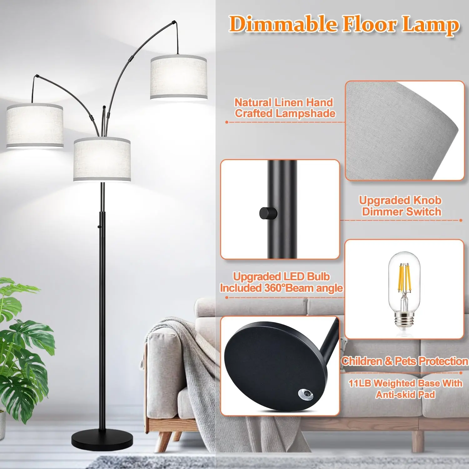 

Dimmable Floor Lamp, 3 Lights Arc Floor Lamps for Living Room, Modern Tall Standing Tree Lamp with Gray Linen Shade & Heavy Base