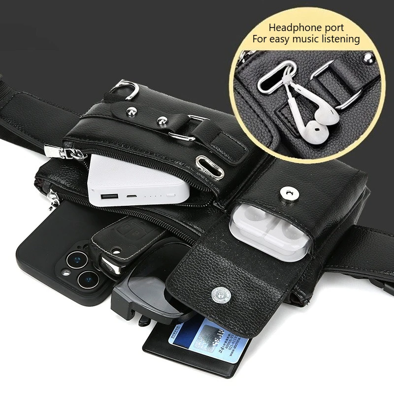 

PU Leather Waist Bag For Men Large Capacity Faux Leather Chest Bag Waterproof Crossbody Pack Multi-pocket Travel Shoulder Bag