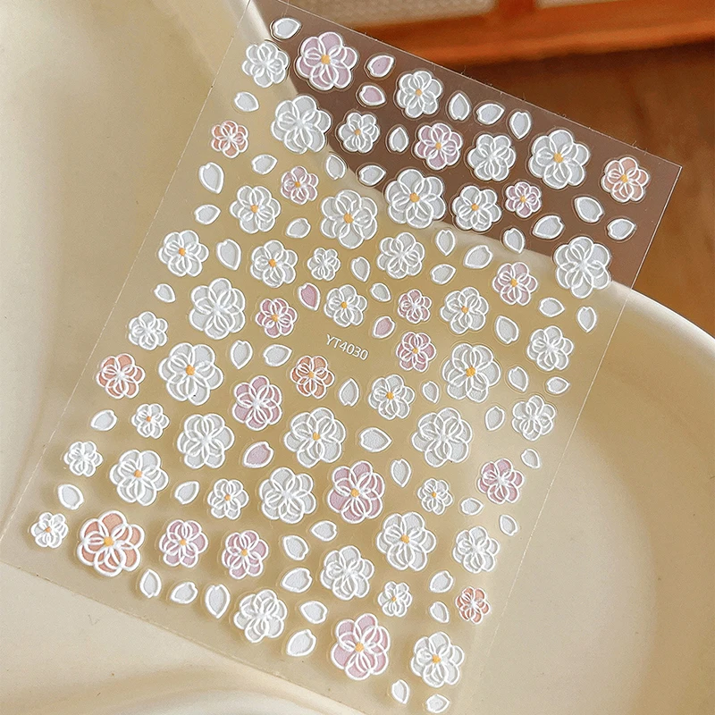 PVC Pink White Floral Nail Sticker Flower Bud Embossed Nail Art Sticker Blossom Self-adhesiver Nail Decor DIY Manicure Salon