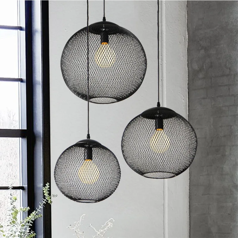 American Industrial Style Black Wire Mesh Pendant Lamp Minimalism Restaurant Homestay Chandeliers Villa Living Room LED Lights