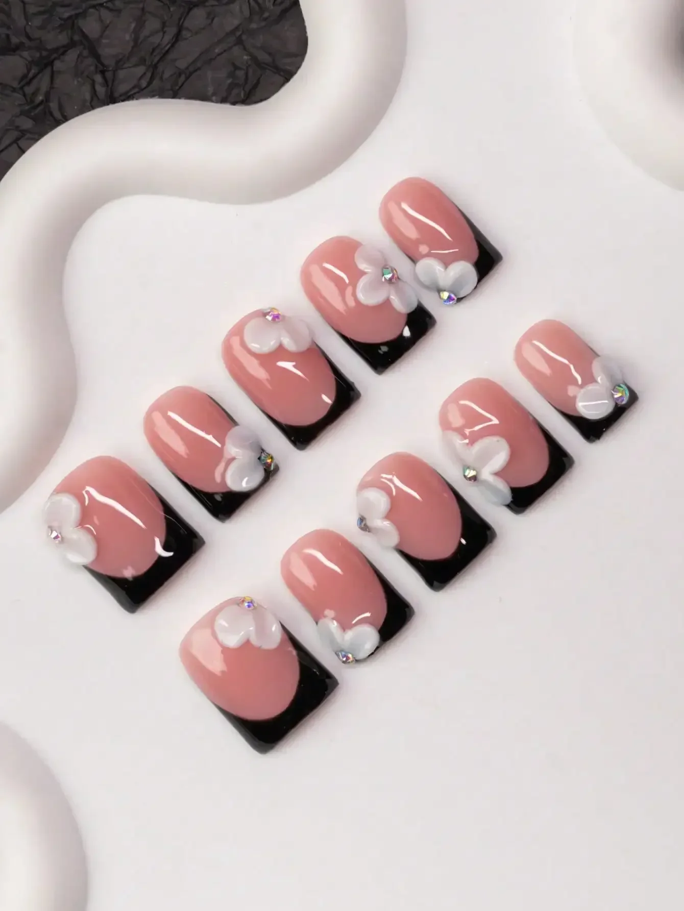 

10pcs Square Shaped Handmade Nail Tips, Y2K Baddie Style, Nude & Black Color With French Tips & Carved Designs, Suitable For Wom