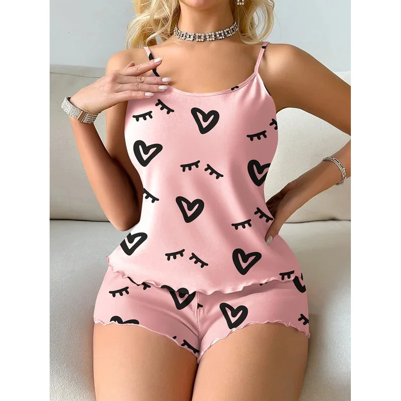 2PCS Women Pajama Set Heart Print Cami Top and Shorts Cute Satin Sleepwear Loungewear Summer Nightwear Homewear Outfit