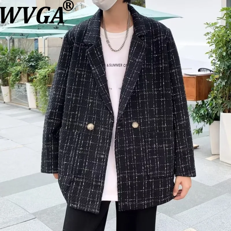 

WVGA Spring Autumn New Man Tide Turn-Down Collar Blazer Niche Chic Casual Knitted Plaid Wool Long Sleeve Suit Jackets Ins W15287