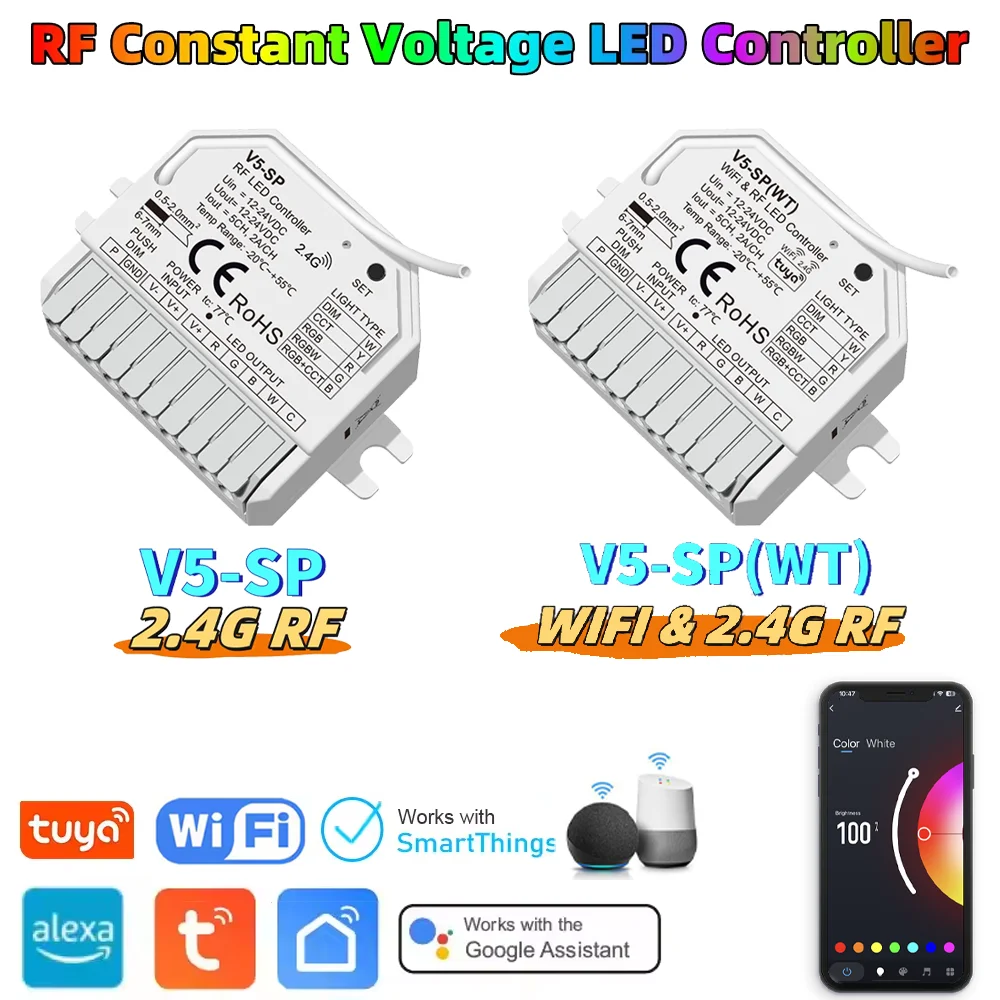 

Контроллер светодиодных лент Tuya WiFi 5в1, одноцветный CCT RGB RGBW RGBCCT, диммер светодиодной ленты для Alexa Google Home, голосовое управление