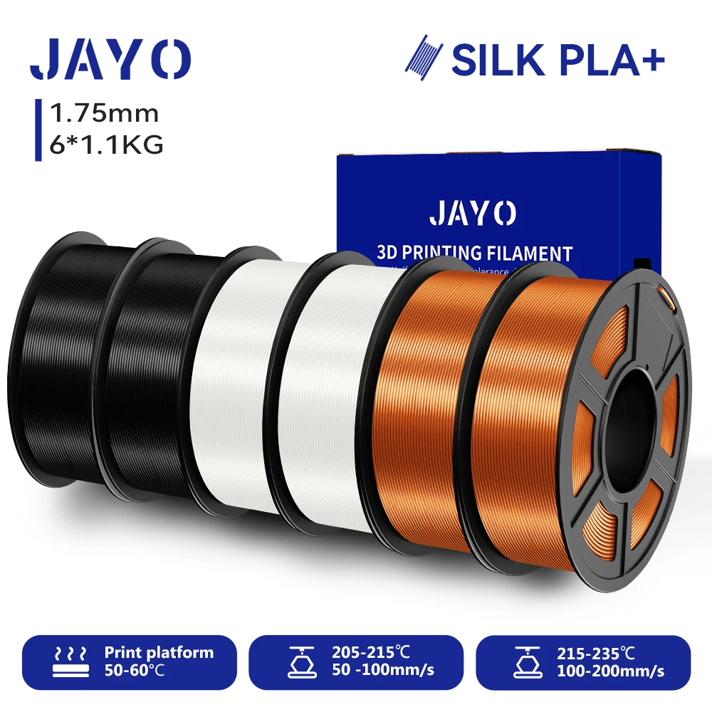 JAYO 6 Rollen SILK PLA + Filament 1,75 mm SILK PLA Plus Filament, glatte, seidige, glänzende Oberfläche, 3D-Filament, geeignet für FDM-Drucker