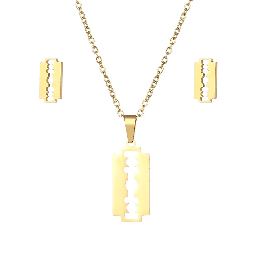 

New Design Small Tiny Razor Blade Pendant Earrings Set Gold Color Stainless Steel Barber Shop Necklace For Women Jewelry Sets