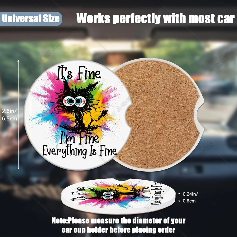 Cup Holders Car Coasters I'm Fine Cat Absorbent Ceramic Coaster 2pcs Drink Cup Holder Coasters Auto Accessories for Women Men