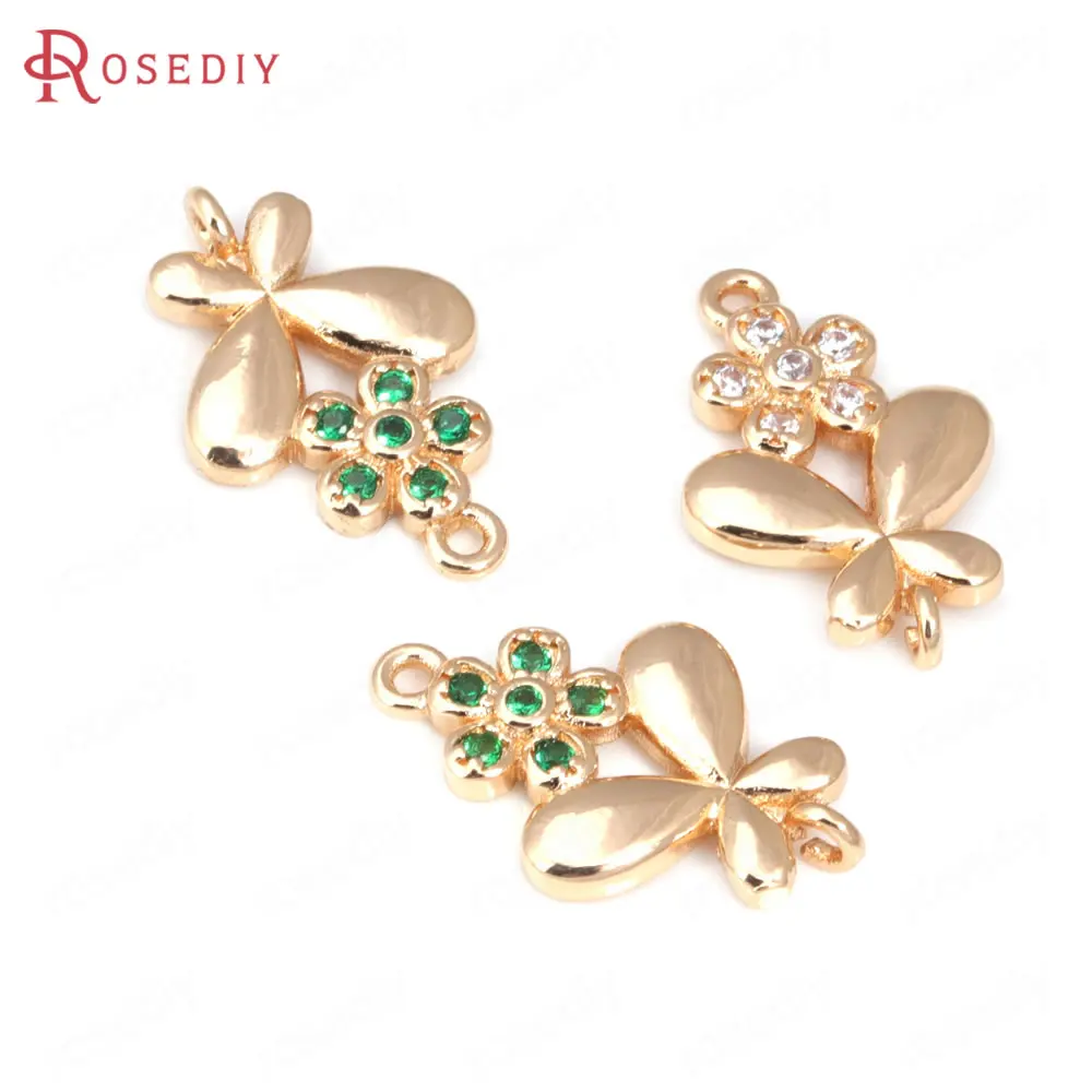 10PCS High Quality 18K Gold Color Brass and Zircon 2 Holes Flower Connect Charms Pendants Diy Jewelry Making Accessories