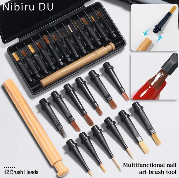 

12pcs/Box Nail Art Brushes Replacement Set Elongated Lines Nails Striping Drawing UV Gel Painting Design Pen Manicure Tools