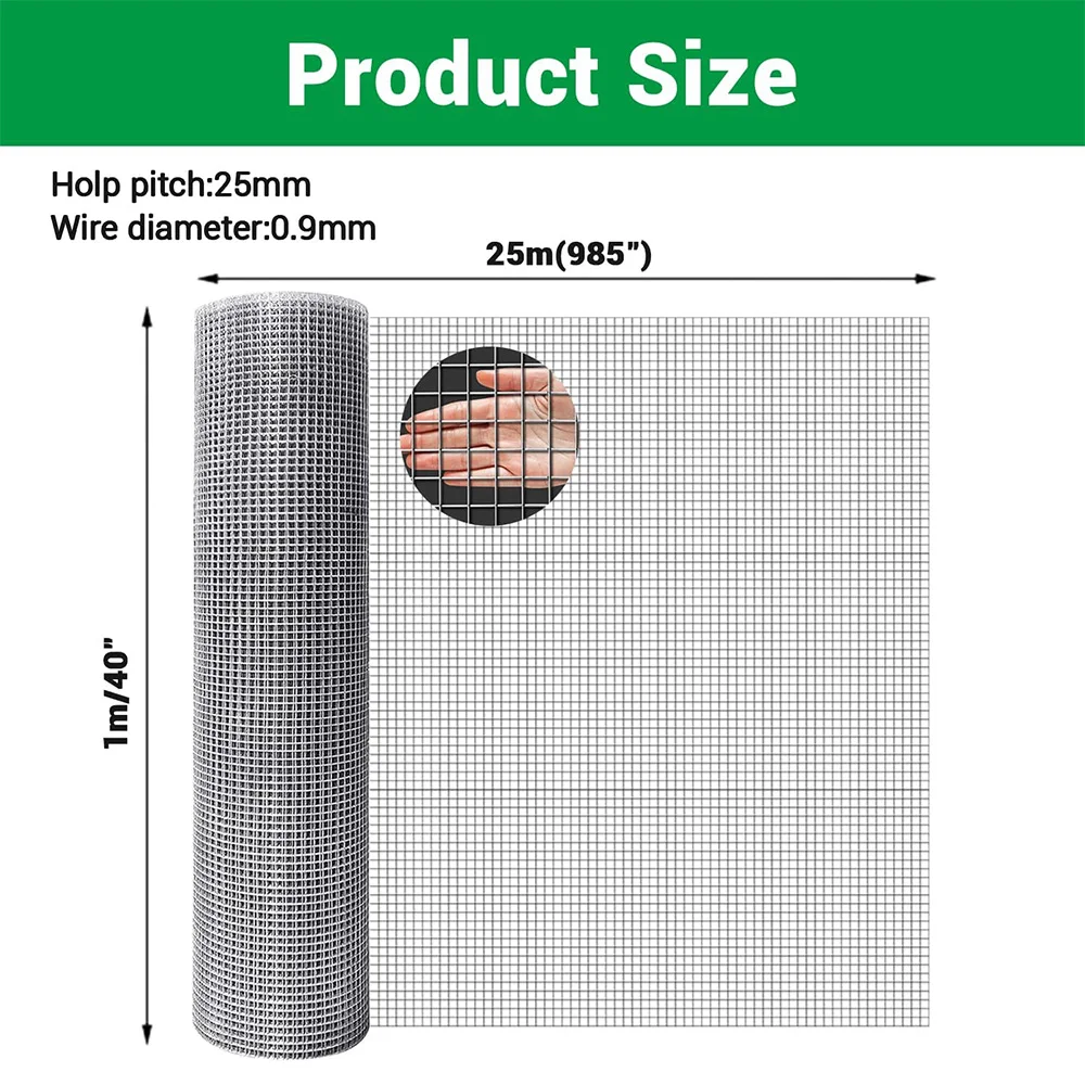 25 متر × 1 متر سياج شبكي سلكي مجلفن 25 مللي متر شبكة 0.9 مللي متر سمك سلك دجاج أرنب مقاوم للصدأ لحديقة السرير المرتفعة