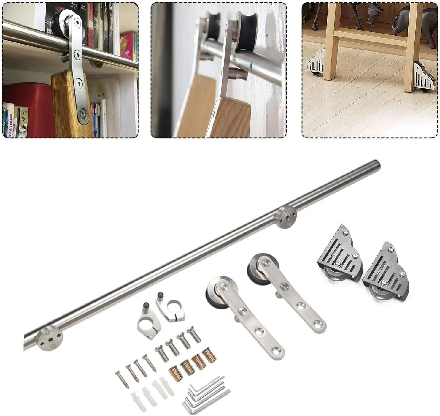 Sliding Barn Door Hardware Kit, With Floor Roller Wheels (No Ladder) Stainless Steel Round Tube Mobile Ladder Track For