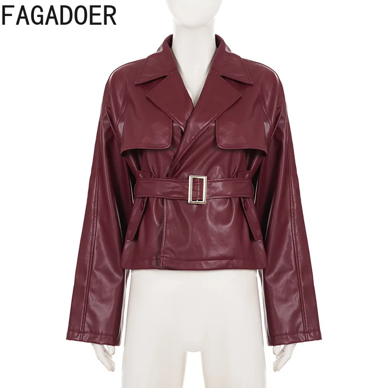 FAGADOER Fashion Leather Patchwork Jacket Women Solid Color V-neck Long Sleeves Jacket Female Streetwear Clothing Autumn New