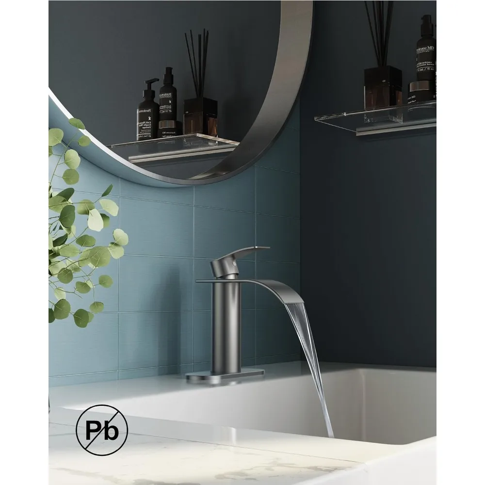 Waterfall Bathroom Faucet Brushed Nickel Single Handle with Anti-Splash Design & Metal Drain for Vanity Sink