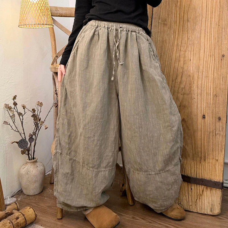 2026 New Arrival Spring/autumn Women Double-layer Cotton Linen Ankle-length Pants Casual Loose Elastic Waist Harem Pants H199