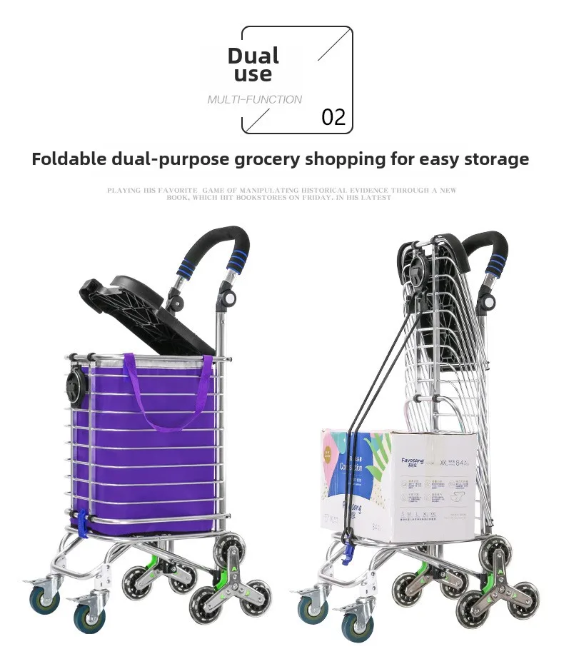 Thickened Aluminum Alloy Shopping Cart Foldable Large-Capacity Trolley Tri-Wheel Climbing Hand Cart  Heavy-Duty Senior Pull Cart
