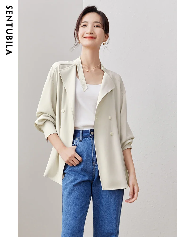 SENTUBILA Double Breasted Blazer Women 2024 Autumn Loose Fit Shacket Chic And Elegant Woman Long Sleeve Shirt Jacket 143W58096X