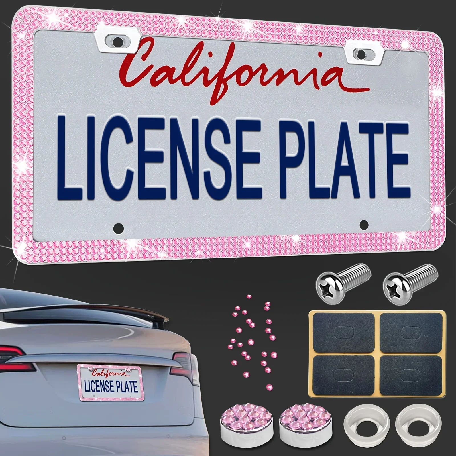 Pink Bling License Plate Frame for Women Rhinestone Crystal Stainless Steel Glitter Bedazzled License PlateFrame Car Accessories