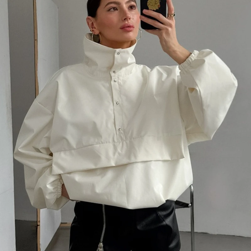 

2026 Spring New Workwear Style Simple Design Sense Polo Collar Long Sleeved Loose High-end Feeling Pullover Jacket for Women