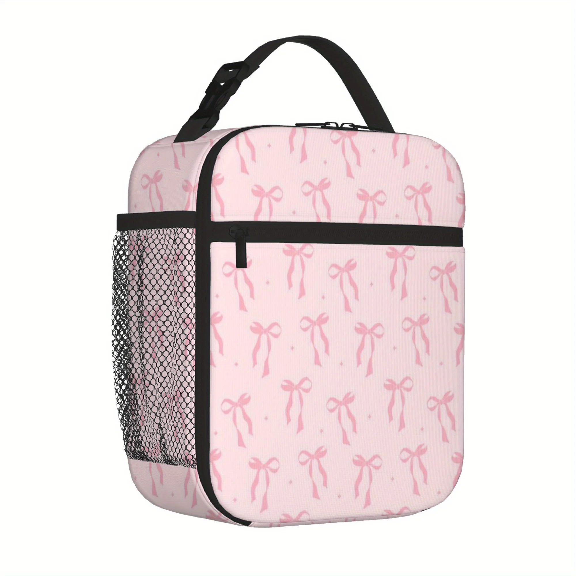 Pink Bows Design Insulated Lunch Box Portable Lunch Bag with Detachable Handle Reusable Lunchbox for Boys Girls Men Women