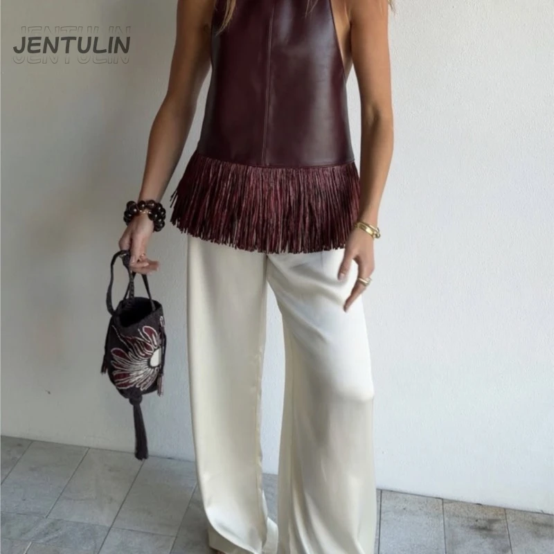 Faux Leather Fringe Ptachwork Halter Top For Women Casual Solid Sleeveless Backless Female Tank Y2K Spring Summer Chic Lady Tops