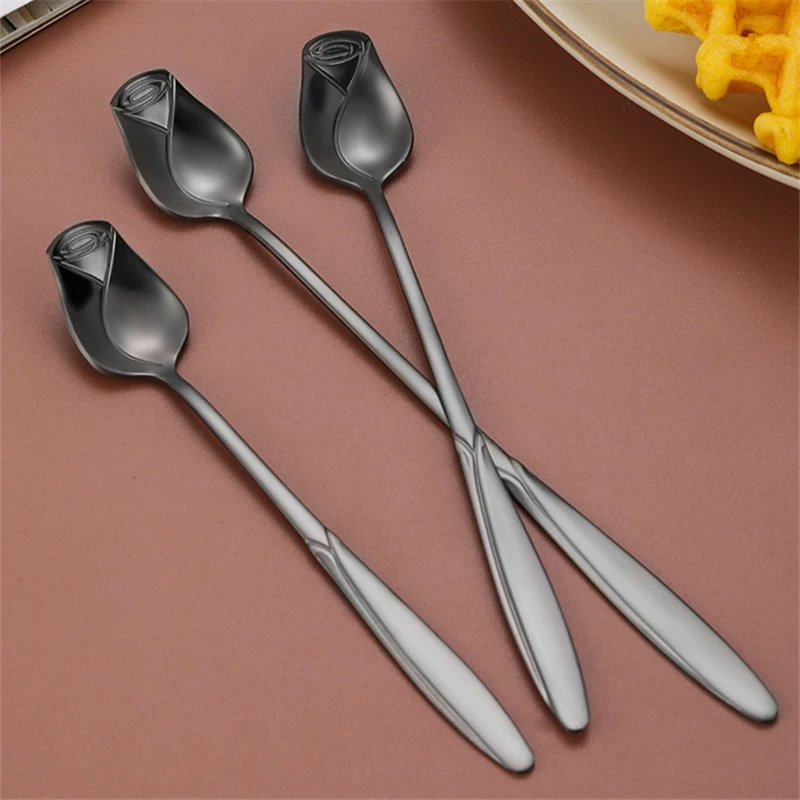 Stainless Steel Rose Dessert Tea Spoon Home Long Handle Teaspoon Small Honey Coffee Mixing Scoop Kitchen Tableware Supplies