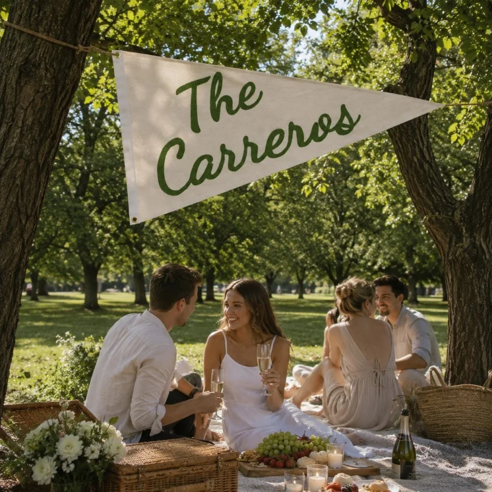 Personalized Embroidered Family Name Triangle Pennant Flag Custom Canvas Banner Wedding Photo Prop Wall Hanging Decoration