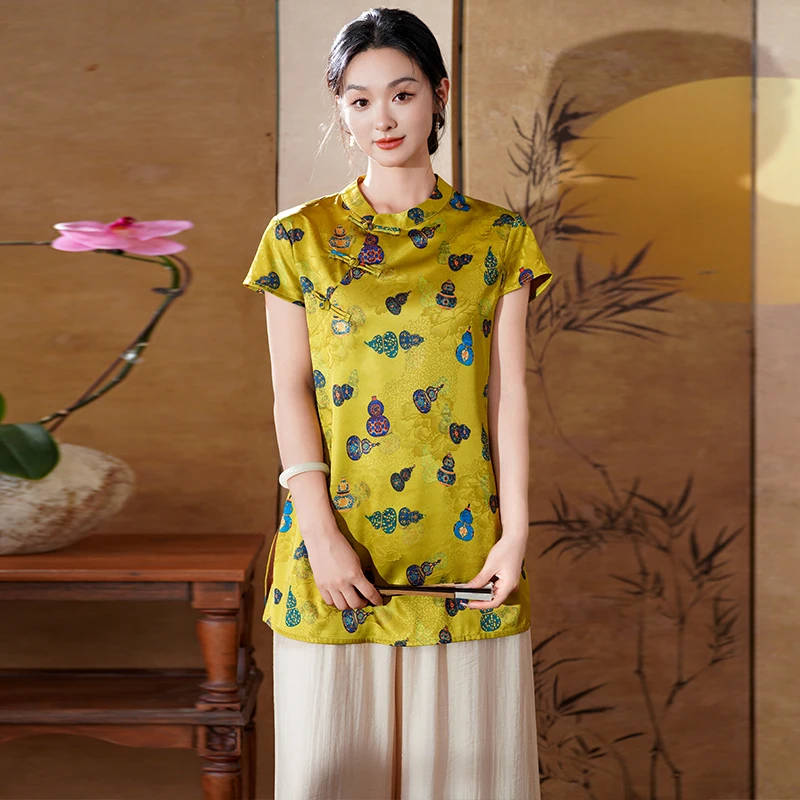 بلوزة نسائية صينية خفيفة الوزن - قميص بأكمام قصيرة وطبعة زهور عتيقة، قميص صيفي مريح وجيد التهوية