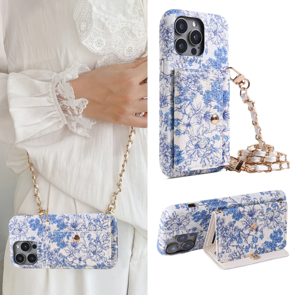 Modische PU-Ledertasche für iPhone 12, 11, 13, 14, 15, 16e Pro Max Plus, Blumenmuster, Druck, verstellbares Lanyard, Spiegel, Geldbörse