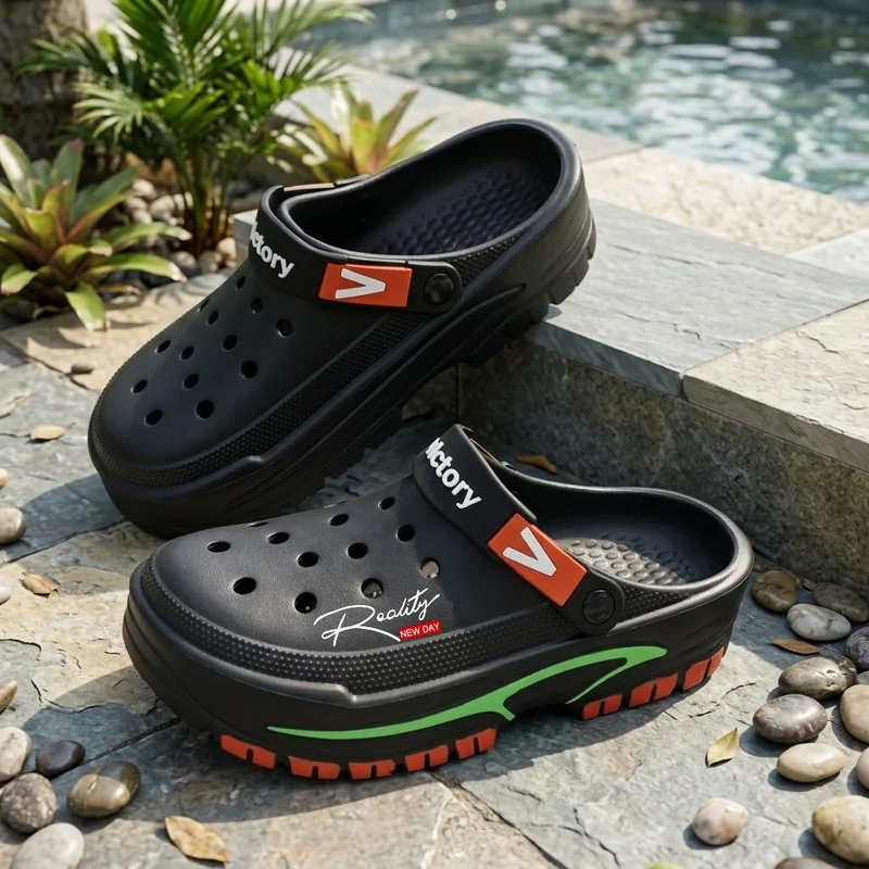 Men Summer Garden Clogs Streamlined Color Block Line Adjustable Heel Strap Thick Sole Breathable Casual Slip On Sandals