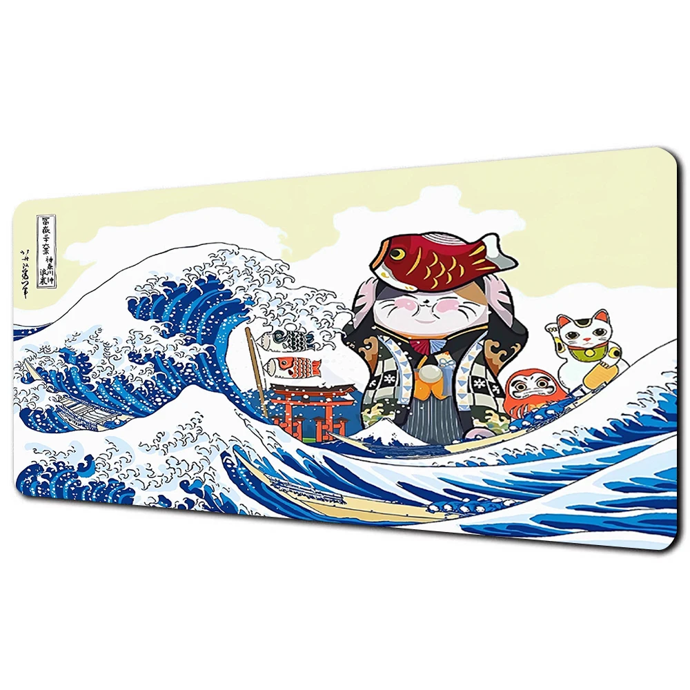 Japan Art Kanagawa Surfing Mouse Pad Gaming Xxl HD Custom New Big Mousepad Great Waves Playmat Cute Lucky Cat Mice Pad of Office