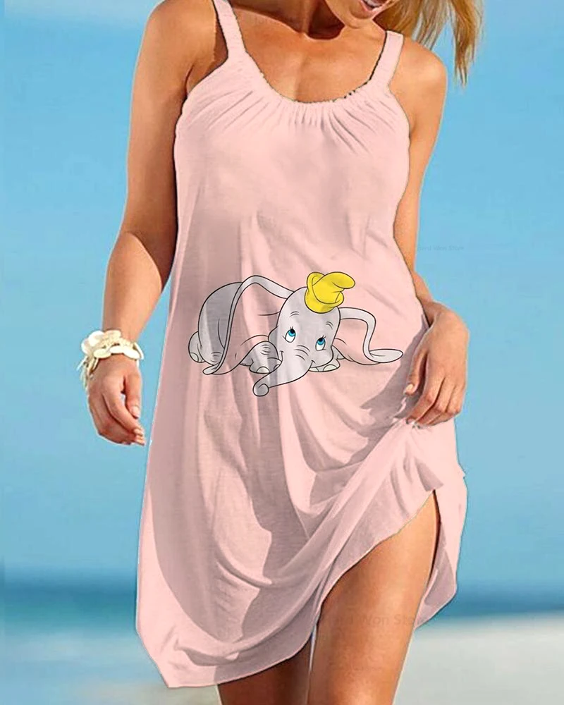 Disney Dumbo dames 3D-print mode mouwloze zomer halter casual sexy jurk losse comfortabele schattige strandjurk