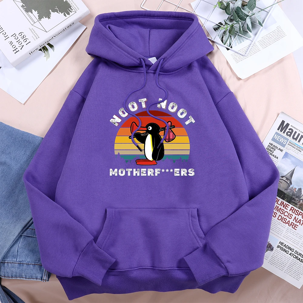 Noot Cute Running Penguin Printing Hoodies Women Funny Pocket Streetwear Hip Hop Clothes Fleece Crewneck Female Hoody