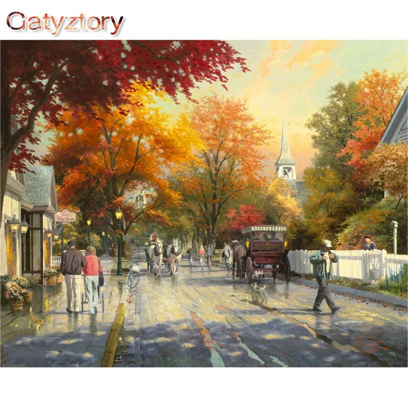 

GATYZTORY Autumn Street Scenery Painting by Numbers For Adults Acrylic paints Pictures Of Numbers Drawing Artwork Home decor