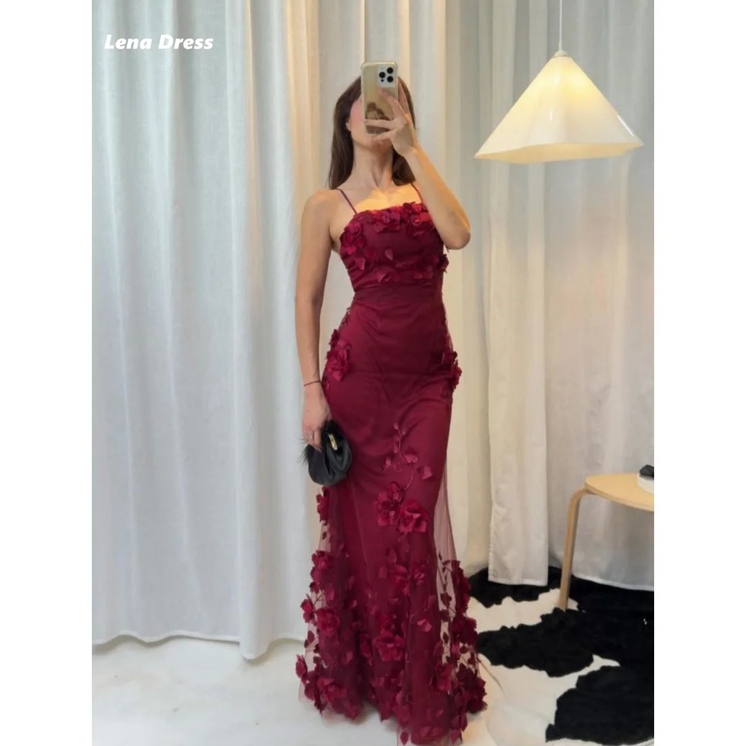 

Lena Fish Tail Elegant Gown Spaghetti Straps Prom Dresses 2025 Luxury Evening Dress Woman Customized Burgundy Flowers Ball Gowns