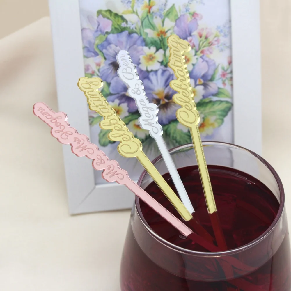 Custom Name Drink Stirrers Sideways Personalized Acrylic Wine Charm Table Tag Markers Swizzle Sticks Wedding Decorations