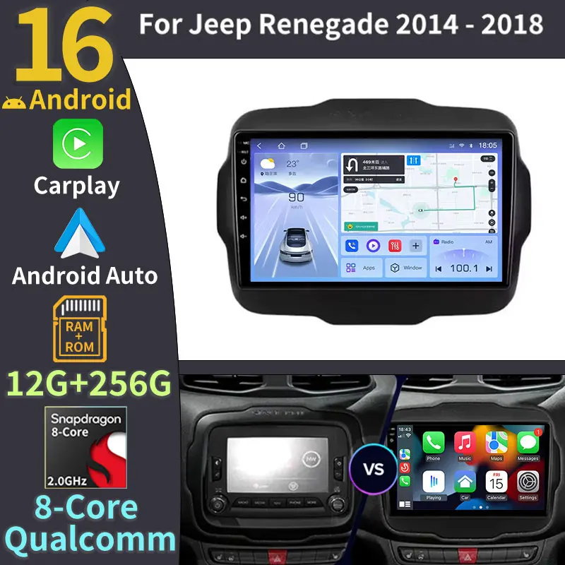 Radio para Auto Android 16 para Jeep Renegade 2014 2015 2016 2017 2018, Navegación GPS, Reproductor Multimedia Estéreo Android Auto, QLED 5G