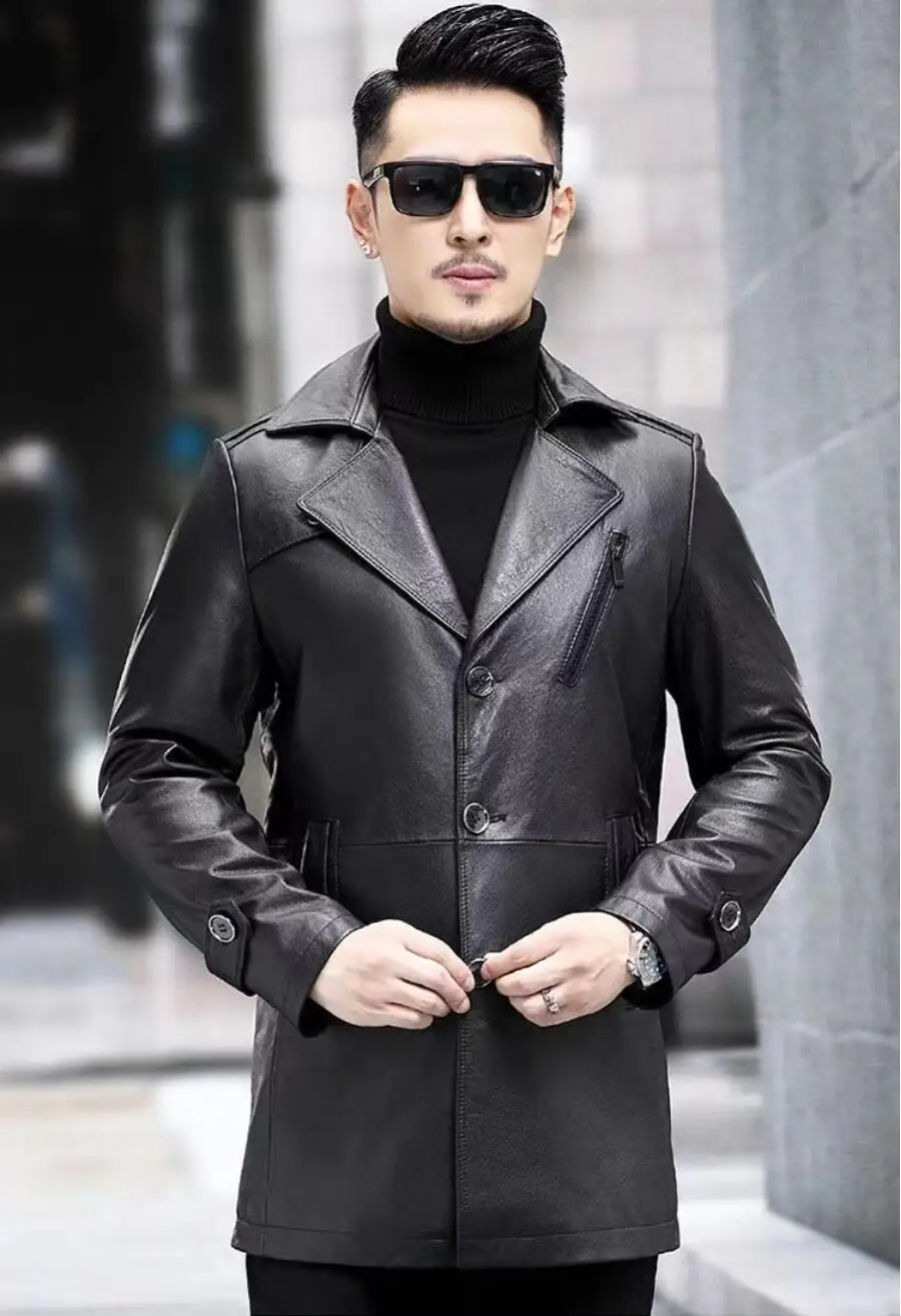 

Мужские осенне-зимние пальто из натуральной кожи, Тренч из коровьей кожи, пылезащитное пальто, куртка с лацканами, деловая повседневная одежда, M-4XL