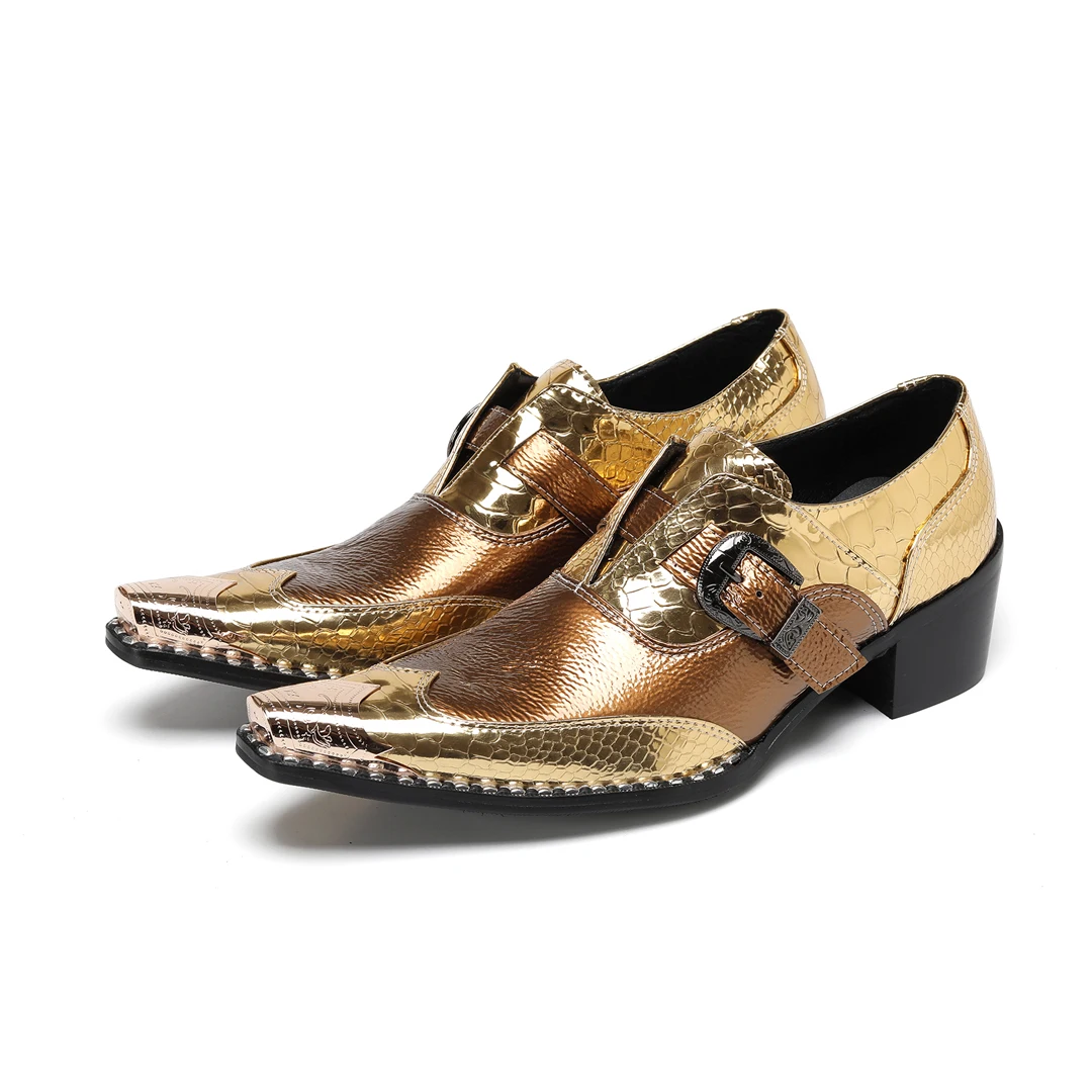 

Gold Metal Pointed Toe Genuine Leather Men Oxford Shoes Big Size Footwear Male Buckle Strap Brogue Shoe Party Formal Dress Shoes