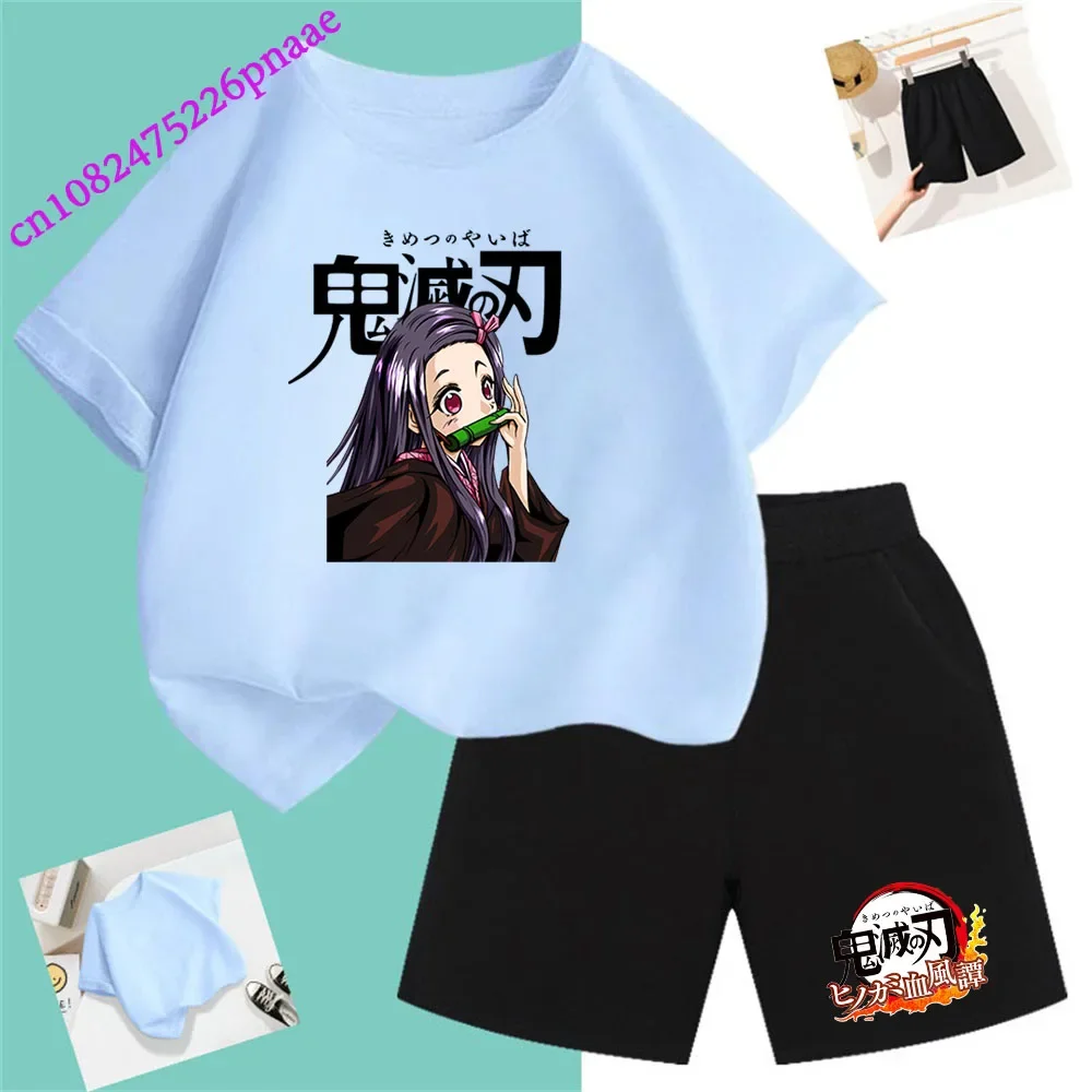 Demon Slayer t shirt Fashion Summerdress2024 Short Kid Short T-shirt Baby Tee Sets Fashion Casual O-neck Breathable KawaiiShorts