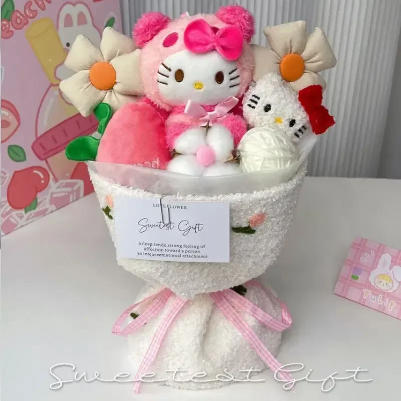 Sanrio Kuromi-ramo de flores de peluche Kt, juguete de peluche de dibujos animados de Hello Kitty Cinnamoroll, decoración Kawaii, muñeca, regalo de San Valentín para niña