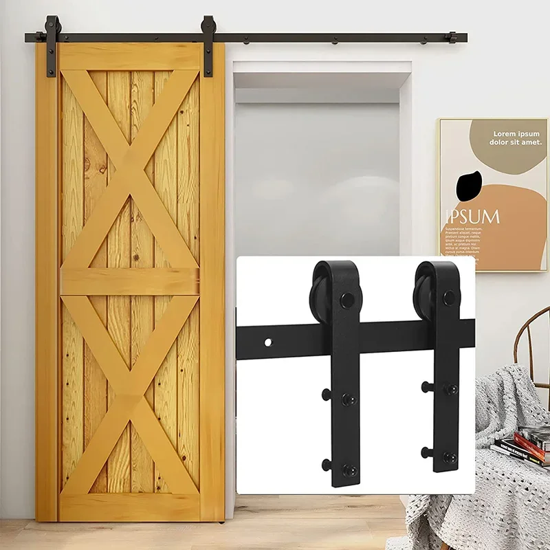 

5FT-12FT Upgrade Sliding Barn Door Hardware Closet Set for Single Wooden Door Modern Black Sliding Door Kits Wheel Track System